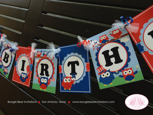 4th Of July Owl Happy Birthday Banner Party Girl Boy Outdoor Patriotic Flag Fireworks Red White Blue Boogie Bear Invitations Blakeley Theme