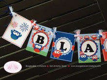 Load image into Gallery viewer, 4th of July Party Name Banner Birthday Boy Girl Outdoor Summer Patriotic Flag Owl Independence Day Boogie Bear Invitations Blakeley Theme