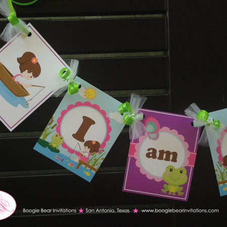 Fishing Girl Highchair I am 1 Banner Birthday Party Lake Pink Purple Fish Dock River Lake Ocean Pole Reel Boogie Bear Invitations Vada Theme