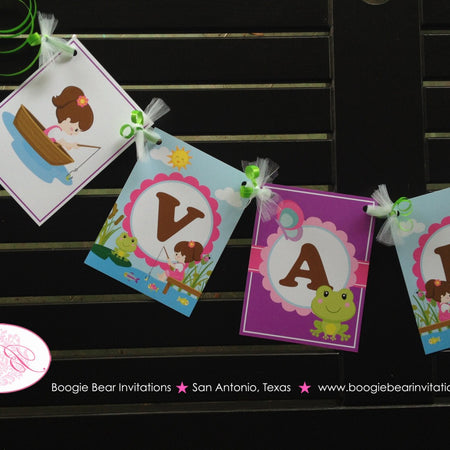 Fishing Girl Name Birthday Party Banner Lake Pink Purple Boating Dock Frog Butterfly Swimming Swim Summer Boogie Bear Invitations Vada Theme