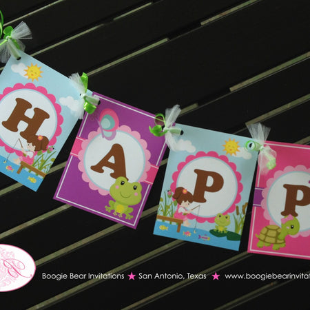 Fishing Girl Happy Birthday Party Banner Lake Pink Purple Boating Dock Frog Butterfly Fish Pole Boogie Bear Invitations Vada Theme