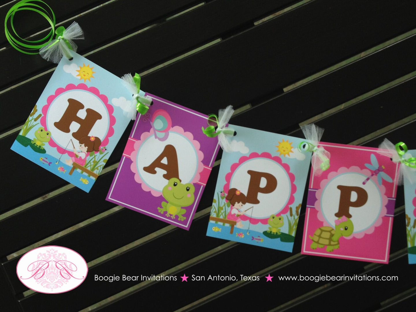 Fishing Girl Happy Birthday Party Banner Lake Pink Purple Boating Dock Frog Butterfly Fish Pole Boogie Bear Invitations Vada Theme
