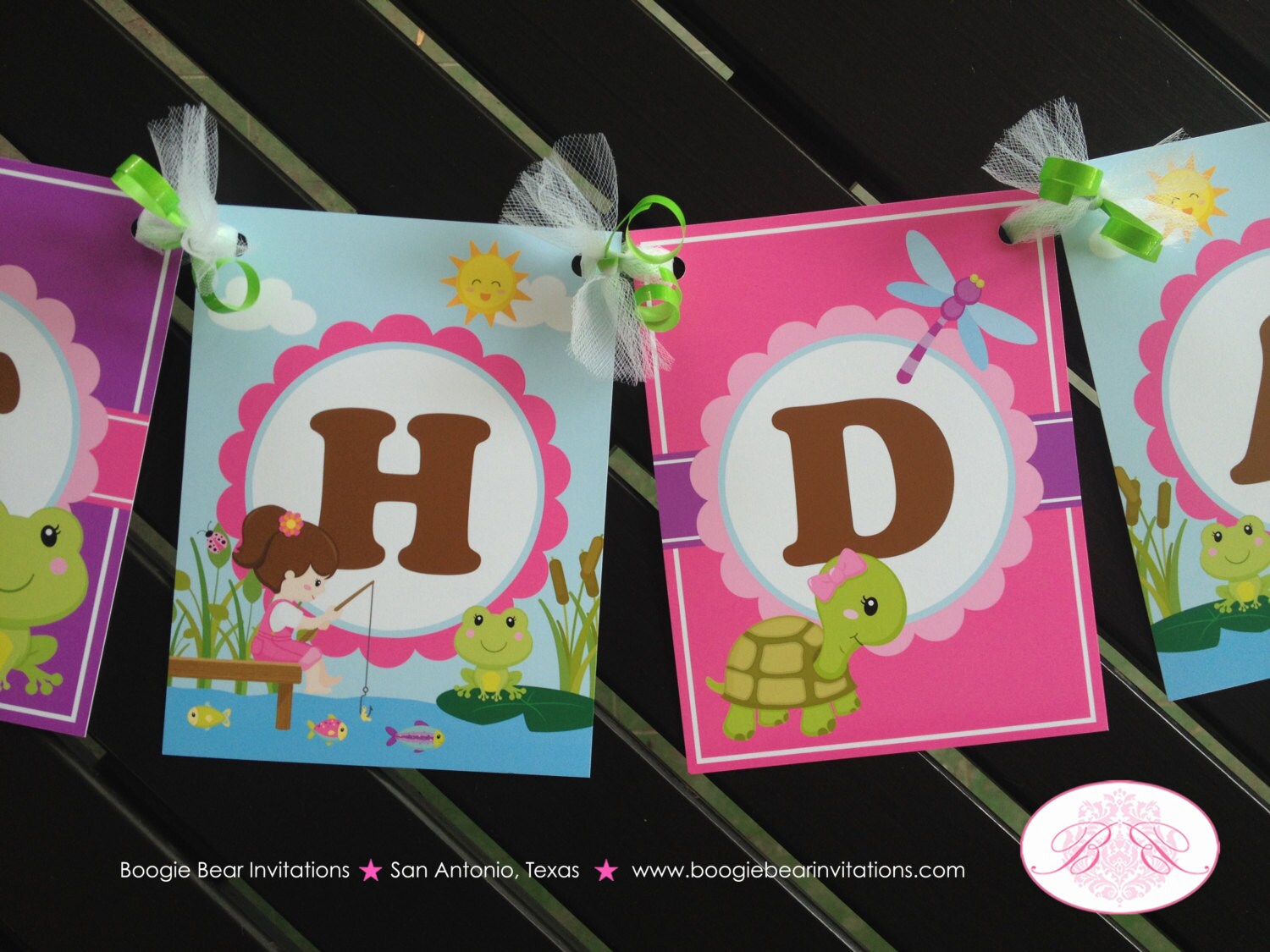 Fishing Girl Happy Birthday Party Banner Lake Pink Purple Boating Dock – Boogie  Bear Invitations