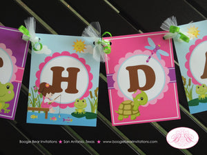 Fishing Girl Happy Birthday Party Banner Lake Pink Purple Boating Dock Frog Butterfly Fish Pole Boogie Bear Invitations Vada Theme
