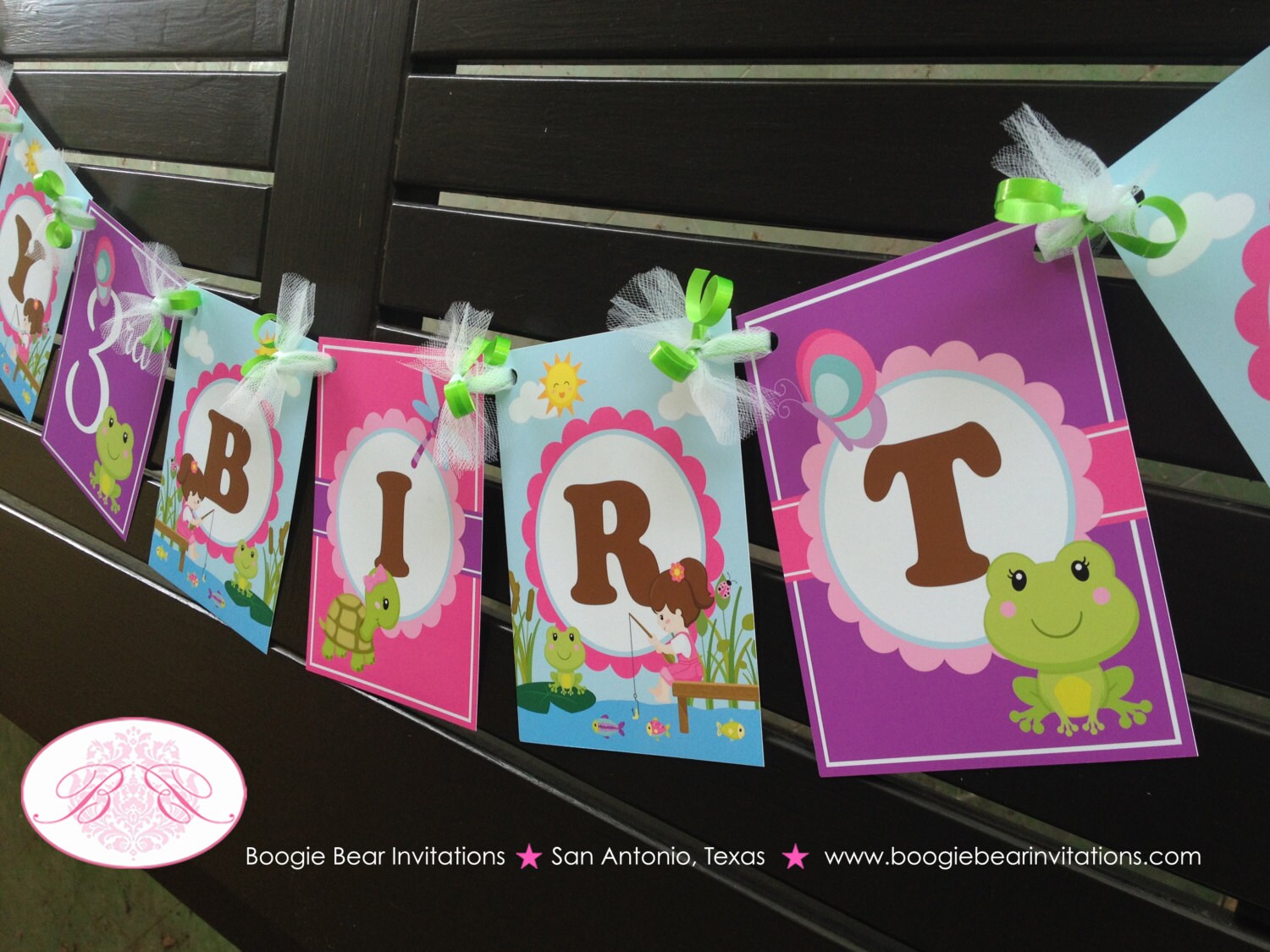 Fishing Girl Happy Birthday Party Banner Lake Pink Purple Boating Dock –  Boogie Bear Invitations