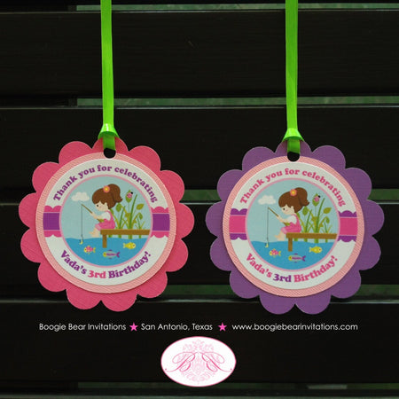 Fishing Girl Birthday Party Favor Tags Treat Bag Lake River Pink Purple Boating Dock Summer Swim Swimming Boogie Bear Invitations Vada Theme