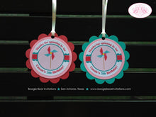 Load image into Gallery viewer, Pink Pinwheel Birthday Party Favor Tags Girl Retro Teal Turquoise Aqua Blue Polka Dot Vintage Scallop Boogie Bear Invitations Cassie Theme