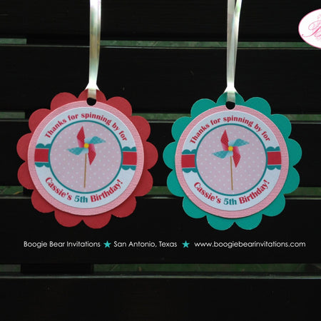 Pink Pinwheel Birthday Party Favor Tags Girl Retro Teal Turquoise Aqua Blue Polka Dot Vintage Scallop Boogie Bear Invitations Cassie Theme