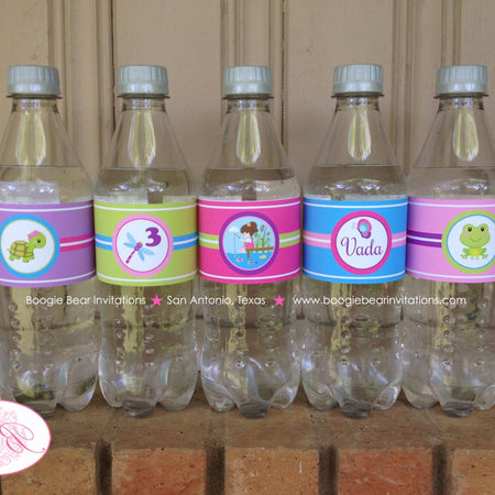 Fishing Girl Birthday Party Bottle Wraps Label Cover Wrapper Purple Pink Blue Green Fish River Lake Dock Boogie Bear Invitations Vada Theme