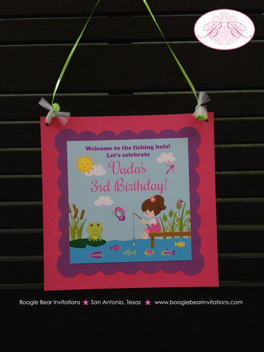 Fishing Girl Birthday Party Door Banner Lake Pink Purple Boating Frog Butterfly Fishing Pole Swim Summer Boogie Bear Invitations Vada Theme