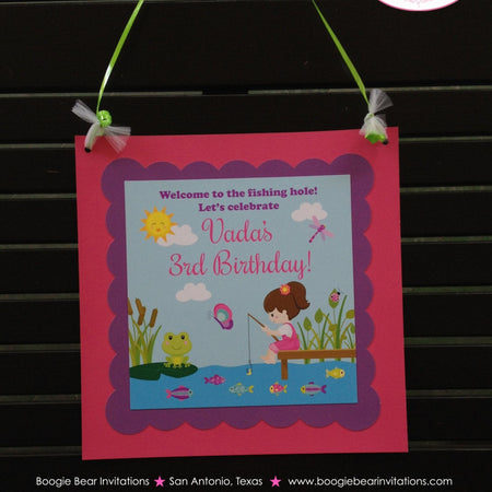 Fishing Girl Birthday Party Door Banner Lake Pink Purple Boating Frog Butterfly Fishing Pole Swim Summer Boogie Bear Invitations Vada Theme