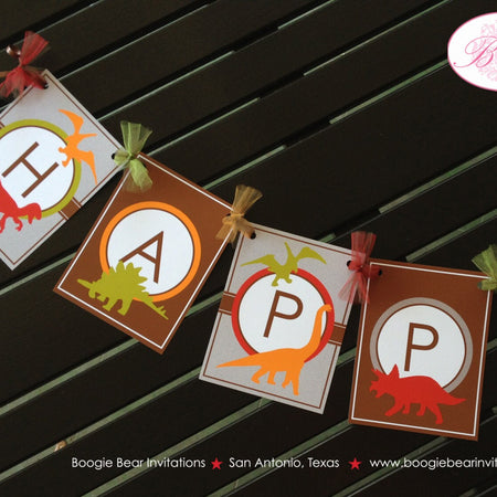 Dinosaur Happy Birthday Party Banner Red Green Orange Brown Prehistoric Stomp Jurassic Scary Boy Girl Boogie Bear Invitations Michael Theme