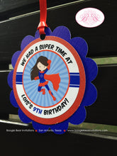 Load image into Gallery viewer, Super Girl Birthday Party Favor Tags Supergirl Hero Red Purple Superhero Cape Mask Power Costume Wham Pow Boogie Bear Invitations Lois Theme