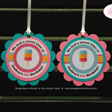 Pink Popsicle Birthday Party Favor Tags Ice Cream Sweet Soda Shop Teal Aqua Blue Turquoise Creamsicle Boogie Bear Invitations Andrea Theme