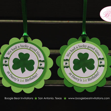St. Patrick's Shamrock Favor Tags Birthday Party Girl Boy Happy Day Green Clover Lucky Spring Holiday Boogie Bear Invitations Darcy Theme
