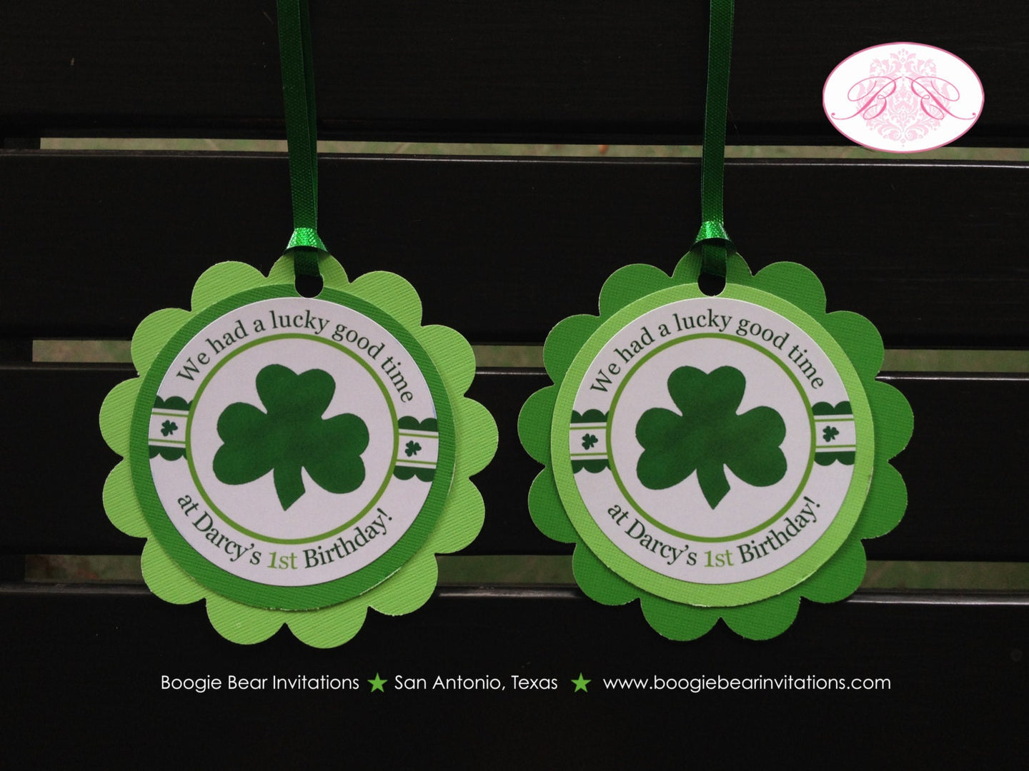 St. Patrick's Shamrock Favor Tags Birthday Party Girl Boy Happy Day Green Clover Lucky Spring Holiday Boogie Bear Invitations Darcy Theme