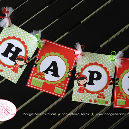 Strawberry Girl Happy Birthday Party Banner Red Green Orchard Summer Outdoors Berries Berry Garden Boogie Bear Invitations Katie Theme