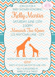Orange Teal Giraffe Baby Shower Invitation Boy Girl Party Chevron Aqua Blue Boogie Bear Invitations Kelly Theme Paperless Printable Printed