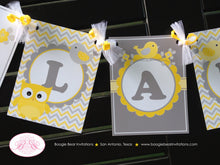 Load image into Gallery viewer, Yellow Grey Owl Baby Shower Name Banner Little Boy Girl Chevron Forest Woodland Birthday Party Boogie Bear Invitations Lara Theme Printed