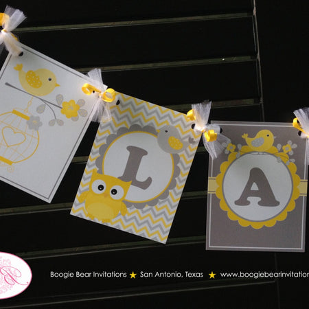 Yellow Grey Owl Baby Shower Name Banner Little Boy Girl Chevron Forest Woodland Birthday Party Boogie Bear Invitations Lara Theme Printed