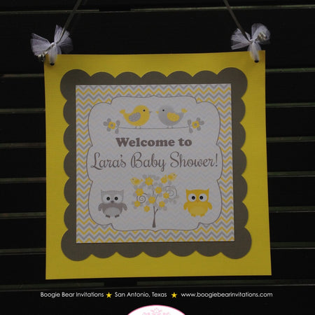 Yellow Grey Owl Baby Shower Door Banner Bird Tree Lemon Garden Woodland Boy Girl Chevron Birthday Party Boogie Bear Invitations Lara Theme