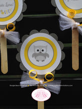 Load image into Gallery viewer, Yellow Grey Owl Cupcake Toppers Baby Shower Bird Set Little Boy Girl Gender Neutral Birthday Party Forest Boogie Bear Invitations Lara Theme