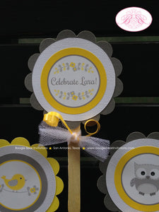 Yellow Grey Owl Cupcake Toppers Baby Shower Bird Set Little Boy Girl Gender Neutral Birthday Party Forest Boogie Bear Invitations Lara Theme