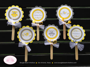 Yellow Grey Owl Cupcake Toppers Baby Shower Bird Set Little Boy Girl Gender Neutral Birthday Party Forest Boogie Bear Invitations Lara Theme