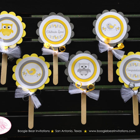 Yellow Grey Owl Cupcake Toppers Baby Shower Bird Set Little Boy Girl Gender Neutral Birthday Party Forest Boogie Bear Invitations Lara Theme