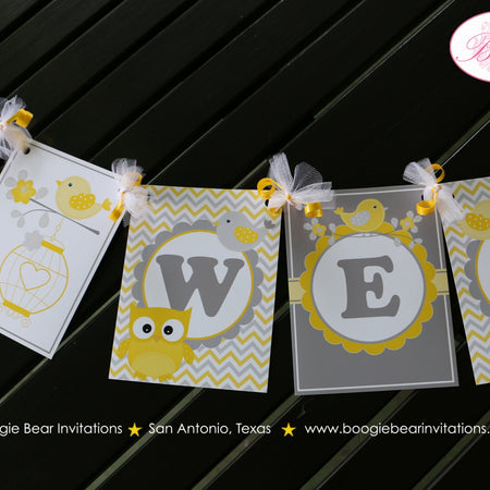 Yellow Grey Baby Shower Party Banner Birds Owls Boy Girl Little Chevron Laurel Flower Modern 1st Birthday Boogie Bear Invitations Lara Theme