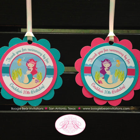 Mermaid Birthday Party Favor Tags Treat Bag Pool Girl Pink Blue Swim Swimming Ocean Splash Fish Beach Boogie Bear Invitations Cordelia Theme