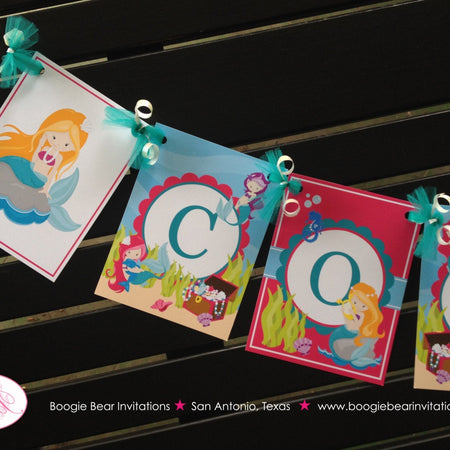 Mermaid Birthday Name Party Banner Girl Swimming Pink Pool Swim Ocean Under the Sea Beach Splash Bash Boogie Bear Invitations Cordelia Theme