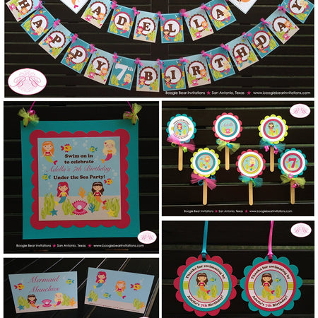 Pink Mermaid Birthday Party Package Pool Beach Ocean Girl Swim Fish Sea Swimming Turquoise Splash Bash Boogie Bear Invitations Adella Theme
