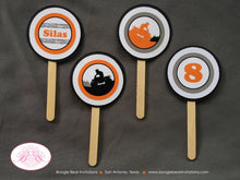 Load image into Gallery viewer, ATV Birthday Party Cupcake Toppers Orange Black Grey Boy Girl All Terrain Vehicle Quad 4 Wheeler Racing Boogie Bear Invitations Silas Theme