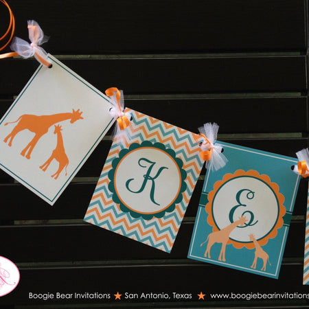 Orange Teal Giraffe Baby Shower Name Banner Little Boy Girl Safari Wild Chevron Birthday Party 1st 2nd Boogie Bear Invitations Kelly Theme