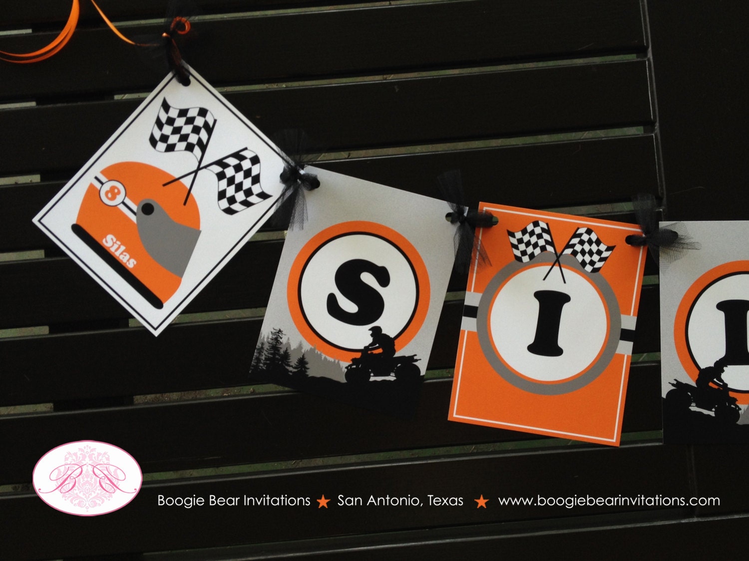 ATV 4 Wheel Birthday Party Name Banner Racing Orange Boogie Bear Invitations Silas Theme
