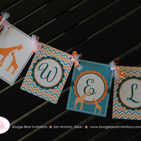 Orange Teal Giraffe Baby Shower Party Banner Little Boy Girl Aqua Green Blue Zoo Wild Chevron Retro 1st Boogie Bear Invitations Kelly Theme