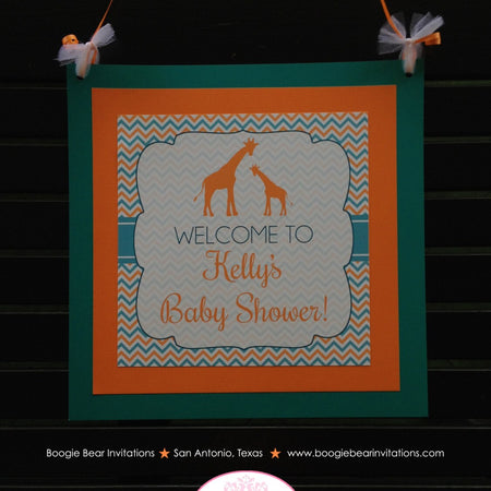 Orange Teal Giraffe Baby Shower Door Banner Birthday Party Boy Girl Aqua Green Blue Chevron Little Zoo Boogie Bear Invitations Kelly Theme