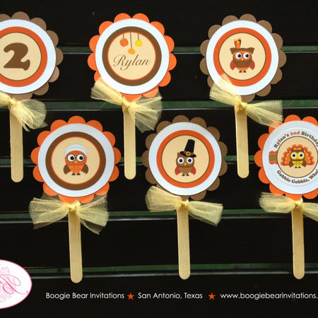 Thanksgiving Owl Party Cupcake Toppers Birthday Fall Autumn Little Bird Turkey Boy Girl Woodland Animals Boogie Bear Invitations Rylan Theme