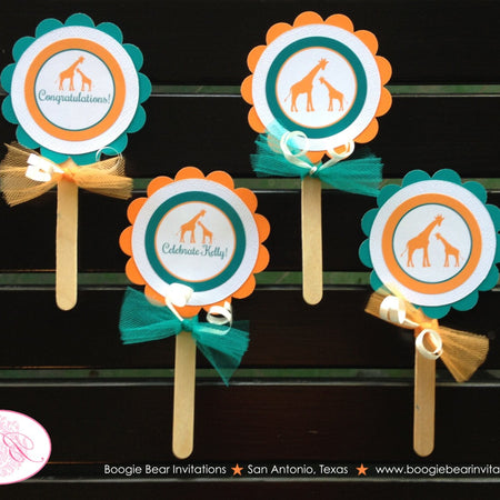 Orange Teal Giraffe Cupcake Toppers Baby Shower Little Boy Girl Mom Aqua Green Blue Safari Zoo Jungle Boogie Bear Invitations Kelly Theme