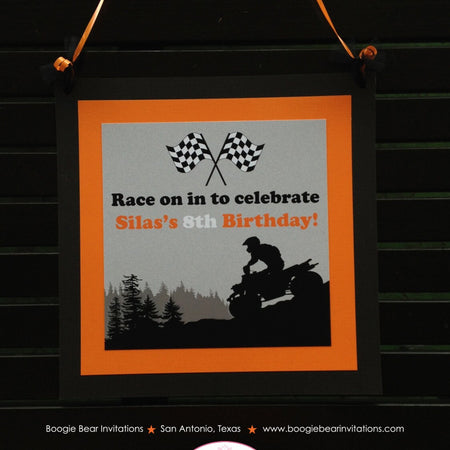 ATV Off Road Birthday Door Banner Happy Party Quad Boy Girl Orange Black All Terrain Vehicle 4 Wheeler Boogie Bear Invitations Silas Theme