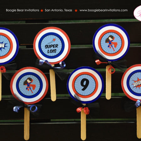 Super Girl Party Cupcake Toppers Birthday Set Superhero Comic Star Black Red Purple Wham Supergirl Hero Boogie Bear Invitations Lois Theme