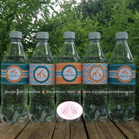 Orange Teal Giraffe Baby Shower Bottle Wraps Label Wrapper Cover Chevron Africa Green Boy Girl 1st Party Boogie Bear Invitations Kelly Theme