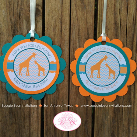 Orange Teal Giraffe Baby Shower Favor Tags Reveal Chevron Zoo Safari Party Turquoise Aqua Blue Boogie Bear Invitations Kelly Theme Printed
