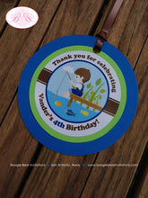 Load image into Gallery viewer, Fishing Boy Birthday Party Favor Tags Treat Bag Lake Blue Brown Dock Frog Bug River Pole Fish Rod Reel Boogie Bear Invitations Vander Theme