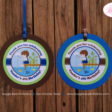 Fishing Boy Birthday Party Favor Tags Treat Bag Lake Blue Brown Dock Frog Bug River Pole Fish Rod Reel Boogie Bear Invitations Vander Theme
