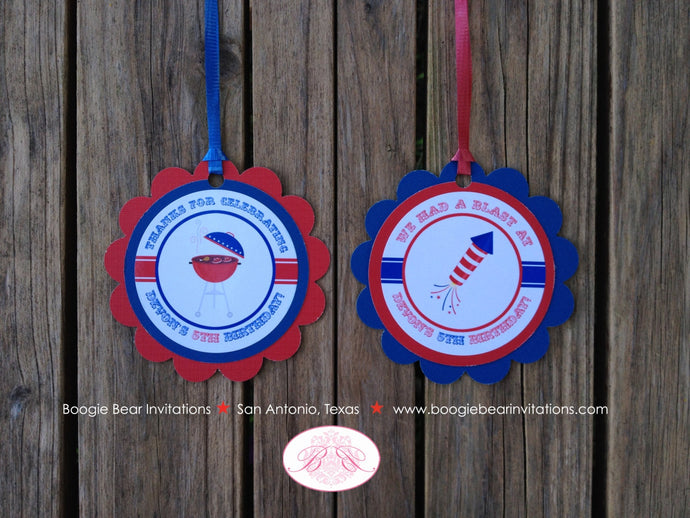4th of July Birthday Party Favor Tags Girl Boy Happy Summer Patriotic Red White Blue Fireworks BBQ Boogie Bear Invitations Devon Theme