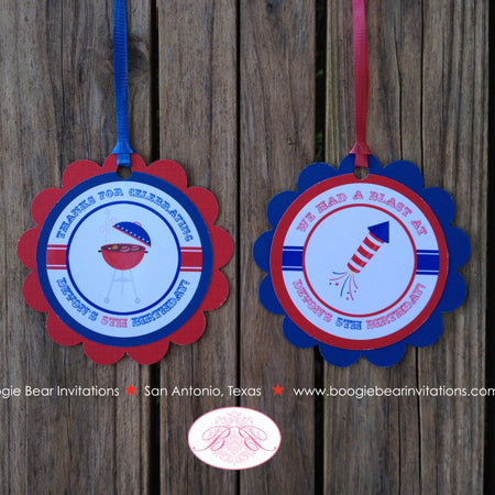 4th of July Birthday Party Favor Tags Girl Boy Happy Summer Patriotic Red White Blue Fireworks BBQ Boogie Bear Invitations Devon Theme