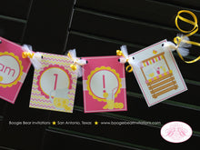 Load image into Gallery viewer, Pink Lemonade I am 1 Banner Highchair Birthday Party Yellow Sweet Lemon Drink Stand Chevron High Chair Boogie Bear Invitations Janine Theme