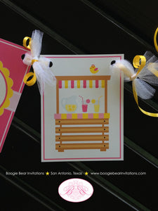 Pink Lemonade I am 1 Banner Highchair Birthday Party Yellow Sweet Lemon Drink Stand Chevron High Chair Boogie Bear Invitations Janine Theme